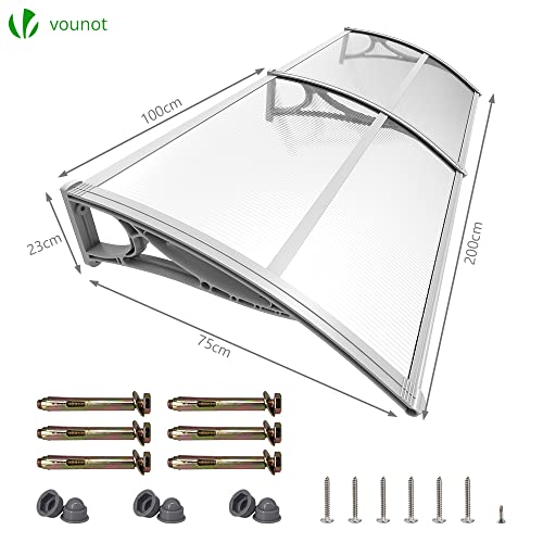 VOUNOT Vordach für Haustür 200 x 80 cm, Überdachung Haustür aus Aluminium und Polycarbonat, Transparentes Pultbogenvordach, Pultvordach