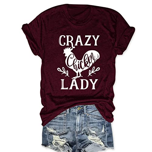 Crazy Chicken Lady Frauen Shirts Lustige Huhn Grafik Tees Tops Sommer Rundhalsausschnitt Kurzarm T-Shirt Blusen, weinrot, X-Groß Cover