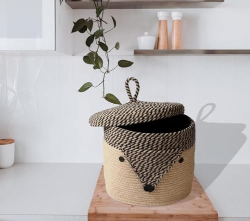 Image of Jute Basket For Storage Cotton Rope Toys Basket With Lid Handwoven Natural Foldable Laundry Hamper for Home, Office, Living Room Size 10x10 inch (FOX-BASKET)