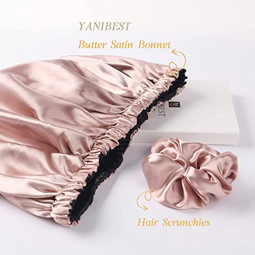 Image of Satin Silk Bonnet for Hair with 3 Satin Scrunchies, Satin Bonnet for Curly Hair, Reversible Silk Hair Cap for Sleeping, Adjustable Satin Hair Bonnet, Satin Hair Wrap (Rose)