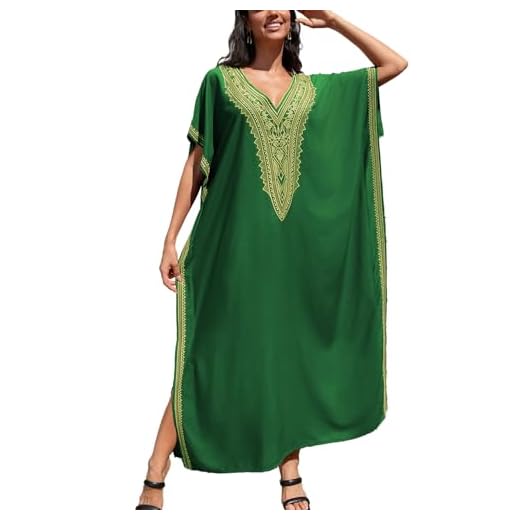YOUKD Été Coton Brodé Floral Lâche Caftan Boho Beach Bikini Cover Up Robe Grande Taille Robe pour Femmes