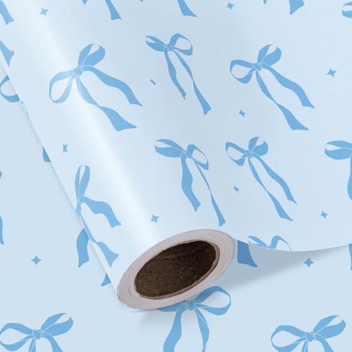 WRAPAHOLIC Blue Bow Wrapping Paper Roll - Mini Roll - 17 Inch x 16.5 Feet - Blue Ribbon Bow Wrapping Paper Perfect for Baby Shower Girls Birthday Wedding