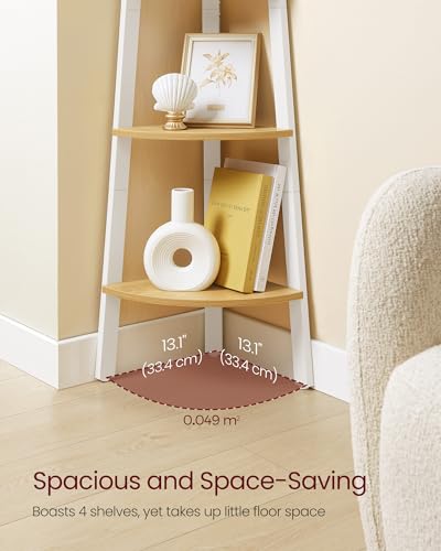 Image of VASAGLE Corner Shelf Stand, 4-Tier Corner Bookshelf, Industrial Ladder Shelf, Plant Stand for Living Room, Office, Kitchen, Natural Oak and Matte White ULLS034Y70