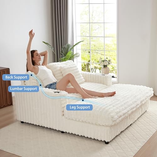 Image of 58'' Plush Faux Rabbit Fur Chaise Loveseat with Charging Station & Cup Holder and Pillows, Upholstered Corduroy Chaise Loveseat Sofa Recliner Longue Indoor Couch for Living Room, Bedroom, White