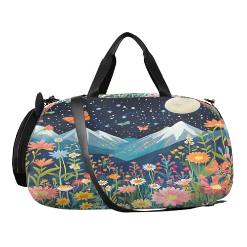 Mountain Flowers Blue Kids Travel Duffel Bag for Boys Girls Overnight Weekend Tote Bag with Shoes Compartment for Dance Gym Sports2