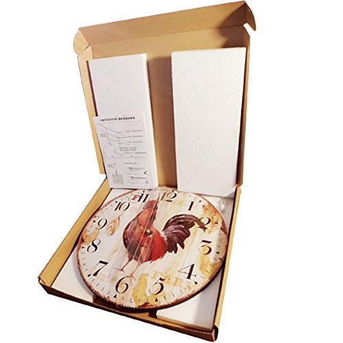 Qukueoy 12 Inch Vintage Farmhouse Kitchen Wall Clocks Battery Operated Rooster Analog Clock for Dinning Living Room Decor,Thicken Wood Board,Non-Ticking