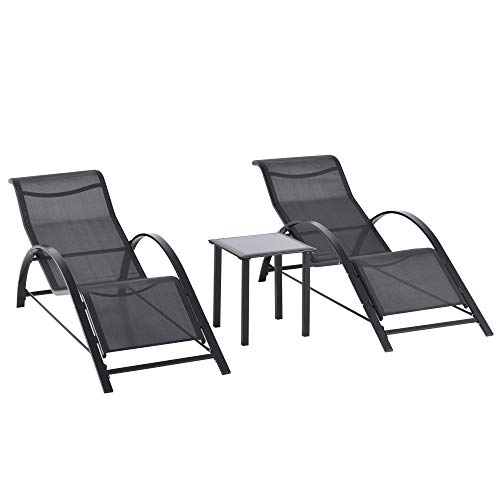 Outsunny Lot de 2 Bains de Soleil Chaise Longue Design Contemporain Table Basse Plateau Verre trempé métal époxy textilène Noir