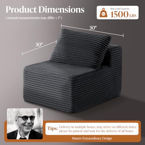 Image of 30 inch Cloud Sectional Couch Single Seat for Living Room, Extra Deep Seats No Assembly, Minimalist Modular Couch, Corduroy (Dark Grey, Single Seat)