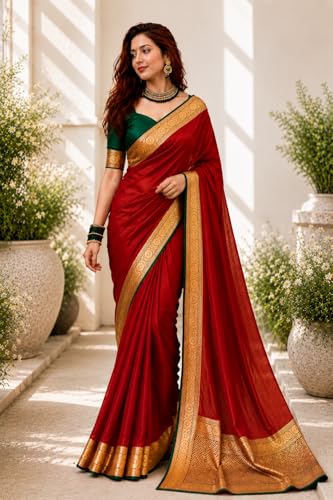 Image of Women's Glory Satin Silk Saree Plain Soft Shiny Elegant Party Traditional Ethnic