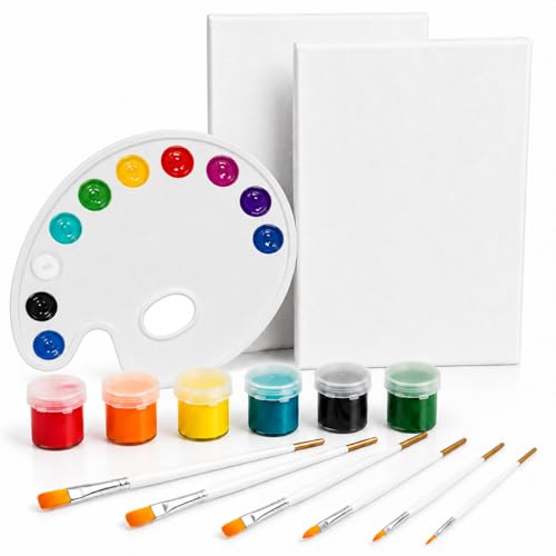 Kit de Pintura Artístico Completo Infantil Adulto e Hobby com 2 Telas 20x30 cm, Paleta 9 Cavidades, 6 Tintas Guache Coloridas e 6 Pincéis Variados