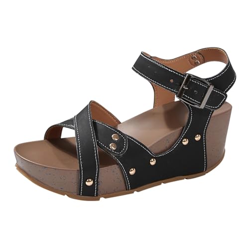 Uwdiohq Sandalias Mujer Para Largas Jornadas Verano Mujer, Cuña Gruesa Con Hebilla Y Plana, Ligeras Pez Playa Vacaciones. Piedras (Black, 37) Negro Trekking Vestir Comodas Calzado Barefoot