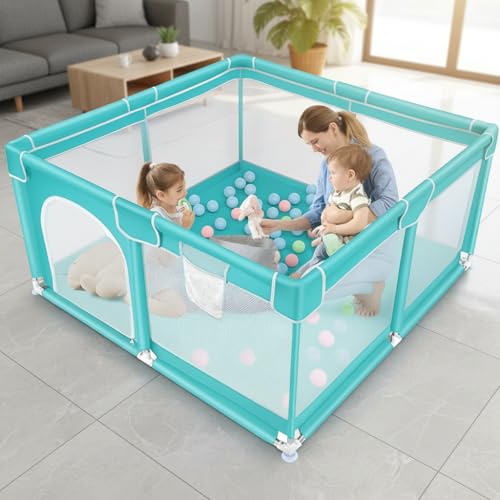 Image of ShivAnanta Baby Playpen for Home Indoor Kids Safety Play Fence with 30 Balls Mesh Play Area for 2+ Toddler Activity Zone Portable Baby Play Yard Anti Slip Child Play Space for Crawling Babies Secure Enclosure (Blue)