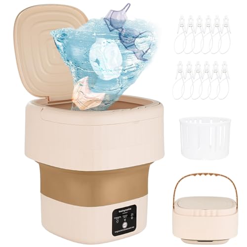 9L Portable Mini Washing Machine Small Portable Washer And Dryer Combo With Clip, Portable Washer Machine Foldable Design For Underwear, Baby Clothes, And Small Items, Ideal For Apartments (Khaki)