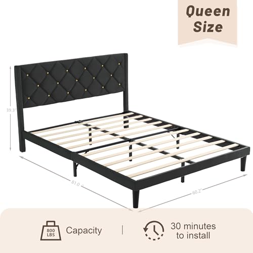 Queen Bed Frame with Headboard, Bed Frame Queen Size with Sturdy Wooden Slats Support, Platform Frame with Velvet Upholstered Headboard, Mattress Foundation, Easy Assembly, No Box Spring Needed Black - Image 3