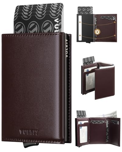 Image of VULKIT Credit Card Holder with Banknote Compartment RFID Blocking Pop up Leather Card Wallet with ID Window, Top-Grain Cowhide Epresso, Minimalist