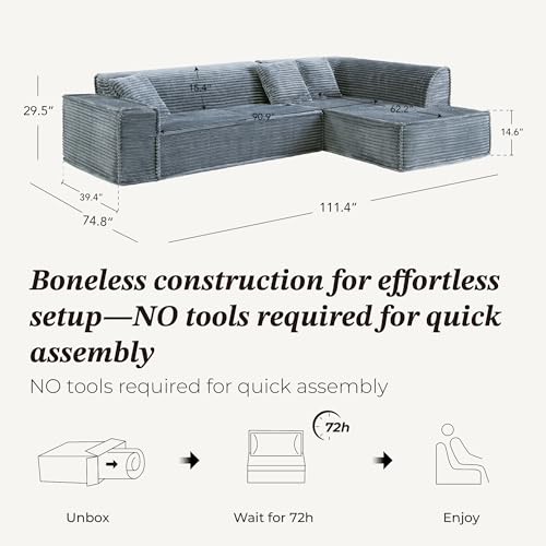 Image of CHITA 112 inch Modular L-Shaped Sofa, Oversized Deep Seat Boneless Couch, Modern Comfy Boneless Sofas for Living Room, No Assembly Required, Right Facing Chaise, Dark Gray