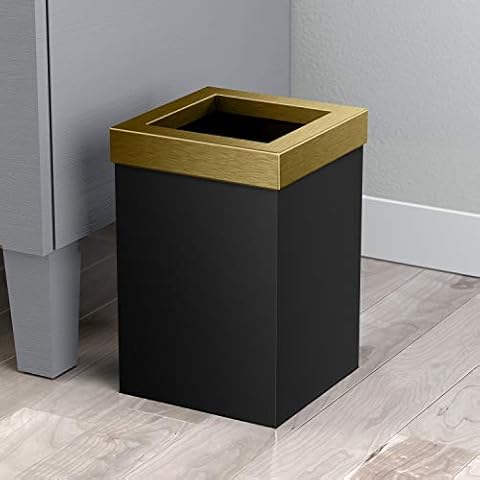 Gatco 1934 Modern Waste Basket Bathroom, Kitchen, Office Trash Bin, Matte Black Brushed Brass Combo Cover