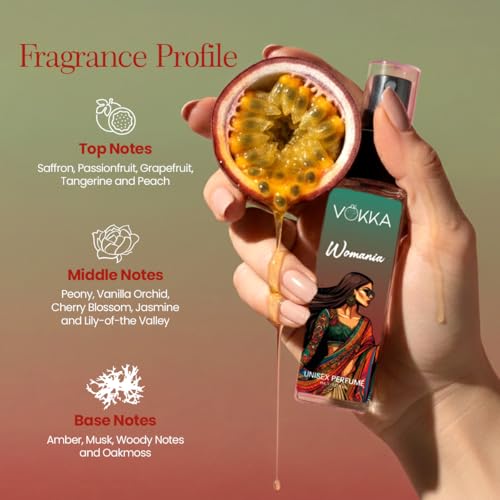 Image of VOKKA Pocket Perfume Womania 8ml | Luxury Long Lasting Perfume for Woman | Signature Scent with Fruity Floral Notes | Eau de Parfum | Saffron, Passionfruit, Peony, Musk, Oakmoss | Travel Friendly