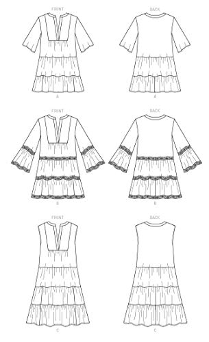 McCall's Misses>Dresses A (XS-S-M-L-XL) Misses' Loose Fitting Dress has Skirt Tiers and Sleeve Variations. B: Lace Trim - Image 3