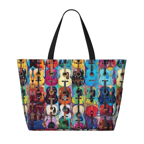 Color Acoustic And Guitars Print Each Travel Bag Large Capacity Tote Bags Foldable Pool Bag Zipper Handbags Vacation2