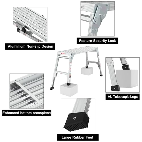 Aluminum Folding Work Platform Step Stool Ladder Portable Scaffolding Platform Adjustable Height 21.0"-27.5" Heavy Duty Work Bench Capacity of 330 lbs with Non-Slip Telescopic Feet