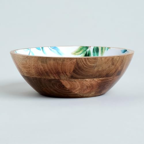 Image of SAAGA Printed Mango Wood Mixing Bowl | 8 x 2.5 Inch Large Wooden Serving Bowl for Salads, Fruits, Snacks, Curries & Desserts | Handcrafted Kitchen & Dining Bowl | White & Aquamarine