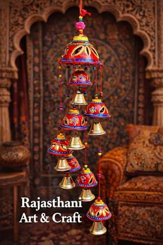 Image of Bindian Handcrafted Rajasthani Wind Chime with Bells, Multicolour, 72x23 cm, Traditional Wall Hanging for Home, Garden & Balcony (Red Wind Chime-1)