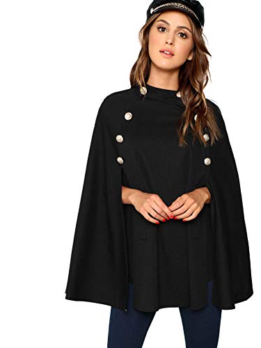 MakeMeChic Women's Double Button Cloak Sleeve Elegant Cape Mock Poncho Classy Coat Black-1