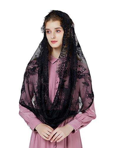 BEAUTELICATE Velo Negro Blanco Mantilla De Encaje Española Mujer para Iglesia Católica Misa Forma Infinta V101 （Negro）