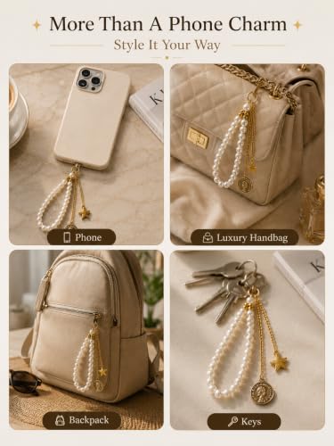 Image of Handmade Beaded Phone Charm Strap for Women & Girls | Aesthetic Mobile Charm | Pearl & Crystal Bead Wrist Strap | Cute Phone Bag Accessory | Korean Style