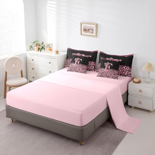 Image of Feelyou Girls Bow Comforter Set with Sheets 7 Piece Full Size Glitter Leopard Print Bed in a Bag Kids Boys Girls Initial Letter F Bedding Set Bedroom Decor Breathable Soft Lightweight Microfiber