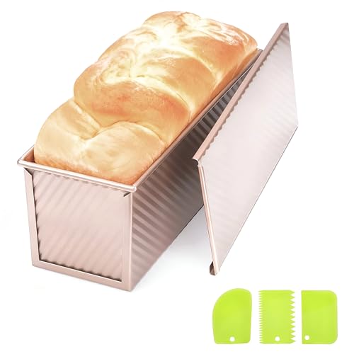 SHAKHCHAN Pullman Loaf Pan with Lid 2.2Lb 12.5 x 4.6 inch Carbon Steel Bread Pan for Shokupan Japanese Milk Bread Non-Stick PFOA-Free Silicone Coating Pain de Mie Sandwich Loaf Tin with 3 Scrapers