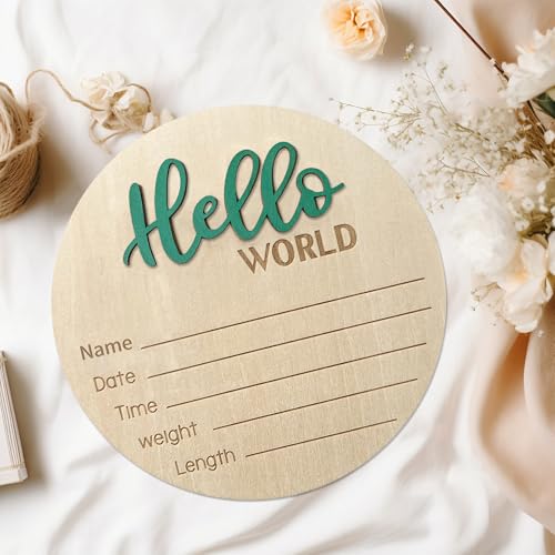 Image of Baby Announcement Sign, 5.9 Inch Wooden Hello World Newborn Sign, Birth Announcement, Baby Shower Hospital Nursery for Newborn Boys and Girls (Green)