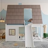Sweiko Maison en Bois Lit Superposé 140x200 cm avec Toit, Échelle et Toboggan, Blanc + Marron, Adapté à la Chambre à Coucher