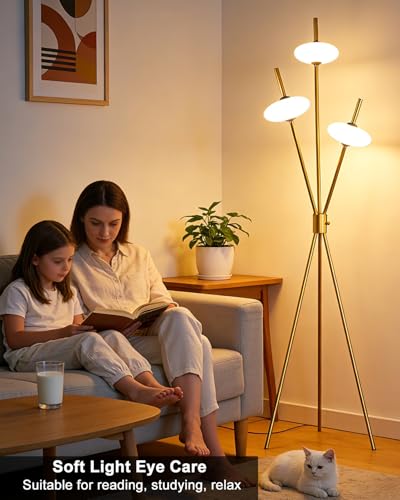 Image of Lightdot Tripod Floor Lamp Stepless Dimmable Gold Standing Tall Lamps with 3PCS Elliptical Lampshades Mid Century Modern Floor Lamps for Living Room /Bedroom /Sofa Beside /Corner Decor
