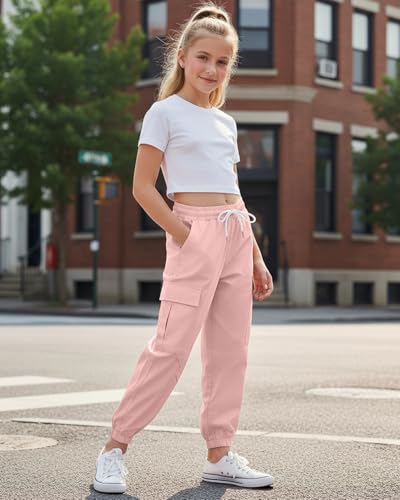 Image of JiAmy Girls Cargo Pants Elastic High Waist Drawstring Pants Jogger Trousers Casual Loose with Pockets 6-14Y