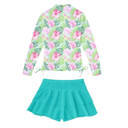 Image of Vogseek 3-12T Girls Rash Guard 2 Pieces Bathing Suit Long Sleeve Swimsuit Swimming Skirt with Shorts Swimwear