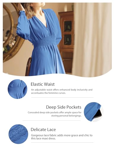Image of Olaesa Long Sleeve Boho Maxi Dress for Women Lace Wedding Guest Dress | Spring Fall Bohemian Dress, Long Flowy Family Photo Dress with Pockets, V Neck Long Western Vacation Outfits