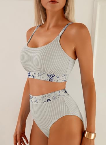 Image of Herseas Women's Textured Bikini Sets Floral Print Trim Scoop Neck Swimsuits High Waisted Bathing Suits