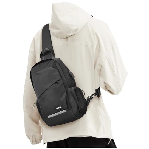Black Crossbody Sling Backpacks Sling Bag for Men Women, Small Shoulder Backpack Motorcycle Chest Bags One Strap Backpack, Mini Chest Daypack for Casual Travel Hiking Gym Outdoor Sports