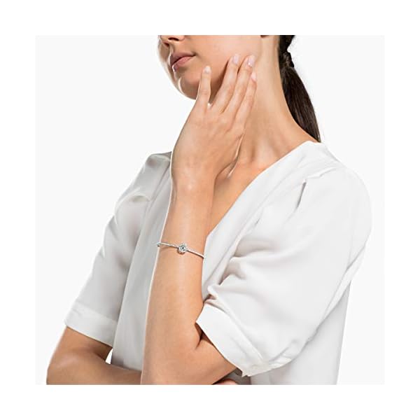 SWAROVSKI-Womens-Sparkling-Dance-Round-Jewelry-Collection-Rhodium-Finish-Blue-Crystals-Clear-Crystals Swarovski Sparkling Dance Round Bangle Bracelet with a White Swarovski Crystal Surrounded by Matching Crystal Pavé on a Rhodium Plated Band