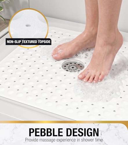 Image of HITSLAM Shower Bathtub Mat Non Slip, 24 inchx 24 inch Bath Mat for Tub, Soft PVC Shower Mats for Inside Shower with Suction Cups and Center Drain Hole, Machine Washable Bathroom Floor Mat, White