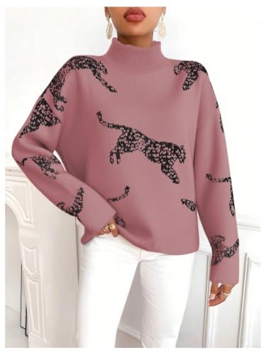 Image of WDIRARA Women's Leopard Tiger Print Sweater High Neck Long Sleeve Fuzzy Knitted Pullover Top