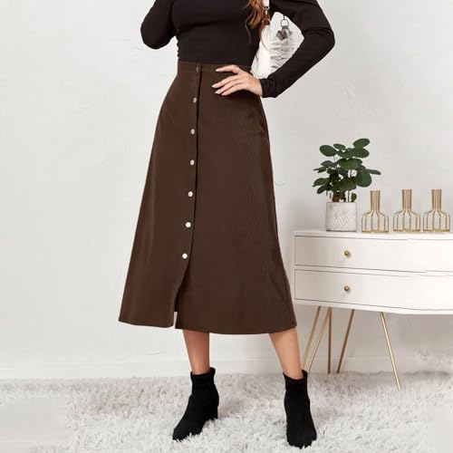 Corduroy Skirt Women Midi Business Casual Button Down Front Slit Work Long Skirt High Waisted Cord Teacher Skirts4