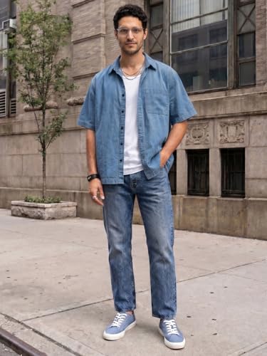 Image of Urbano Fashion Men's Oversized Fit Half Sleeve Washed Casual Denim Shirt