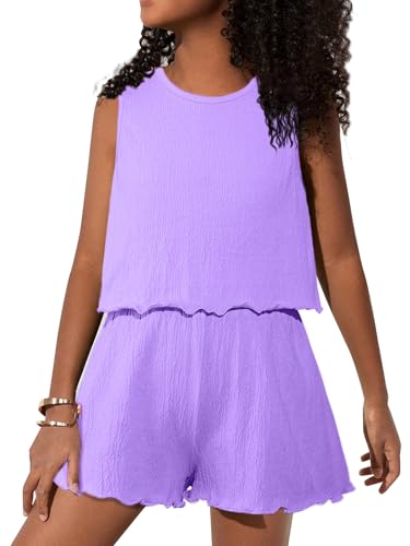 Image of Girls' Summer 2 Piece Outfits Sleeveless Tank Tops and Wide Leg Shorts Sets Purple 9-10Y