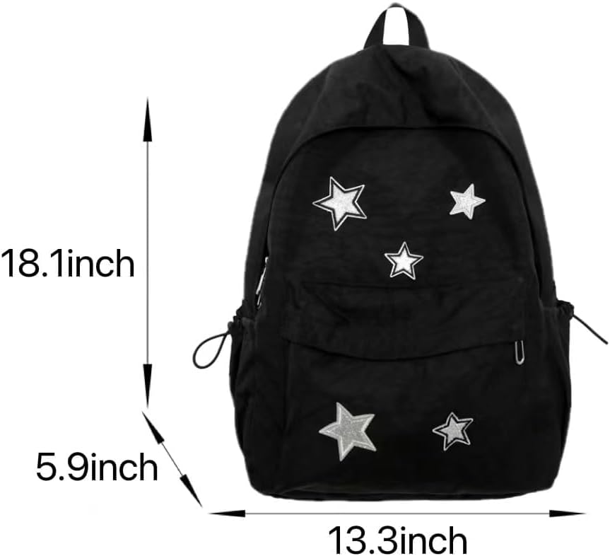 Cute Y2K Aesthetic Backpack Stars Pattern Preppy Backpack Laptop Backpack Back to College Supplies (Black,One Size)