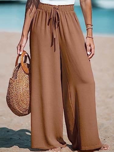 CUPSHE Women Wide Leg Pants High Waisted Trousers Linen Palazzo Lounge Beach Cover Ups Flowy Pants,L Brown4