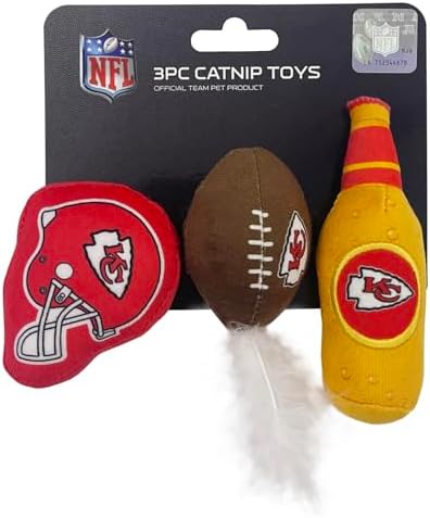 Best Plush CAT Toy: NFL Kansas City Chiefs Complete Set of 3 piece Cats Toys Filled with Fresh Catnip. Includes: 1 Helmet Sports Toy, 1 Football Kitty Toy with Feathers & 1 Beer Bottle. in Team Logos image 2