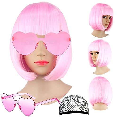 Image of LIULIUBTY Short Bob Hair Wigs Straight with Flat Bangs Synthetic Colorful Cosplay Daily Party Neon Wig for Women + Free Wig Cap 12 inch Natural As Real (Cute Pink)